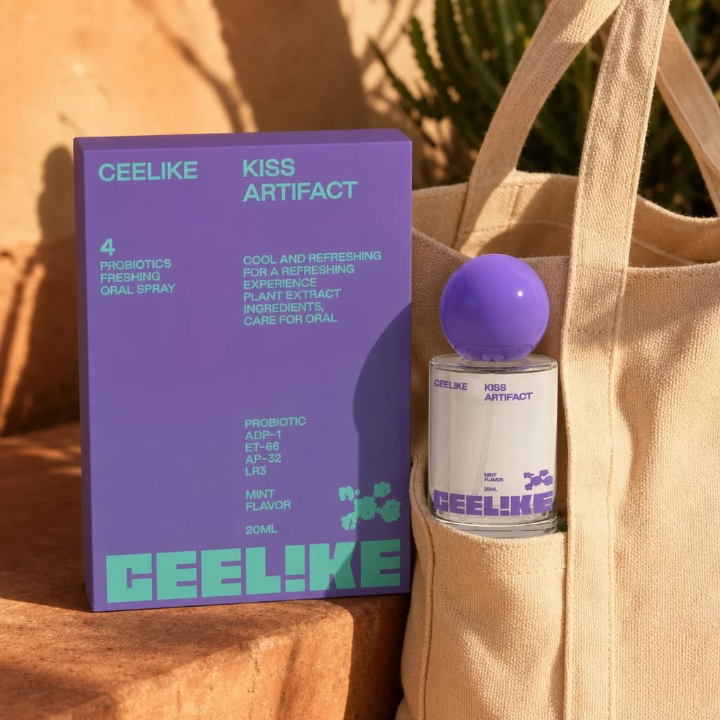 Oral spray tucked into a canvas tote pocket in golden-hour light